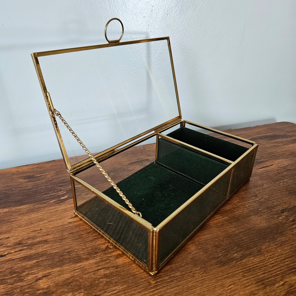 Brass Gold Glass Jewelry Box Green Velvet Lining 2 Compartment Trinket Case - Picture 2 of 6